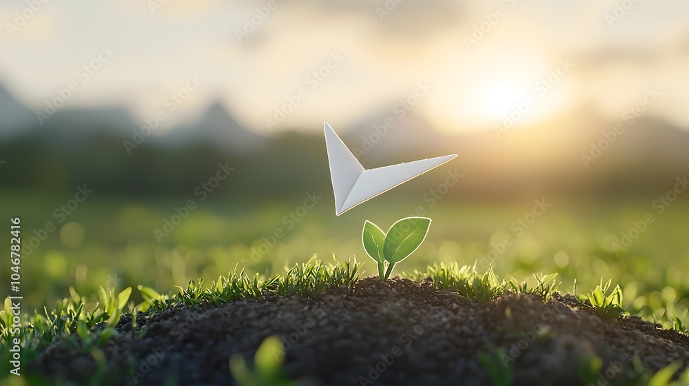 Poster a paper airplane gracefully soaring around the planet highlighting the concepts of clean energy and 