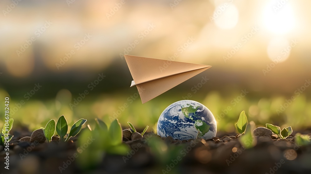 Aufkleber paper airplane soaring around the planet earth highlighting the concepts of clean energy and environ