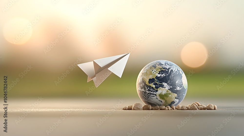 Leinwandbilder Paper airplane soaring gracefully around the planet symbolizing the importance of clean energy and sustainable practices for a greener future surrounded by a soft warm bokeh effect for a dreamlike