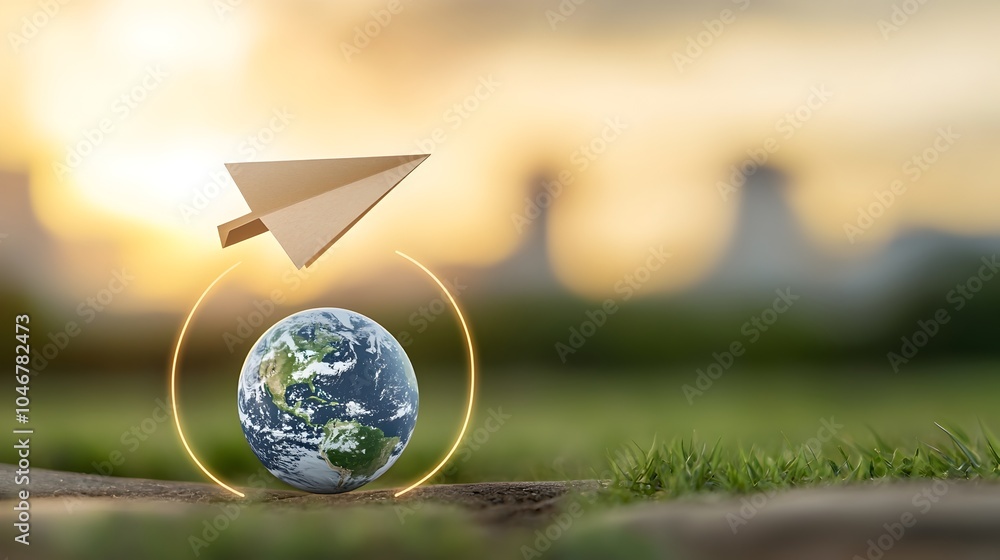 Poster a paper airplane gracefully flying in a circular motion around the globe representing the innovative