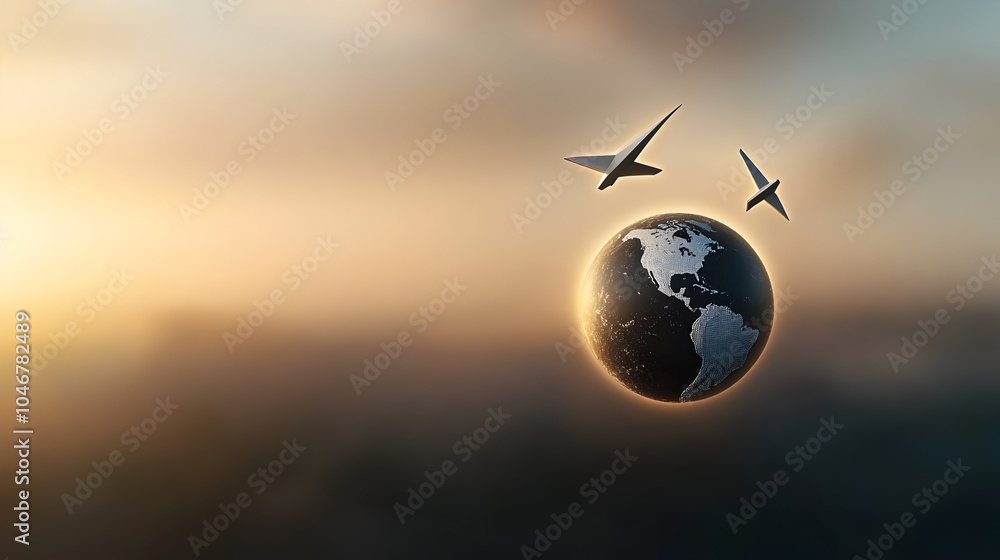 Poster paper airplane flying in a circular motion around the globe symbolizing clean energy innovations and