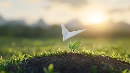 A paper airplane gracefully soaring around the planet highlighting the concepts of clean energy and sustainability surrounded by a soft warm bokeh effect that creates a dreamlike