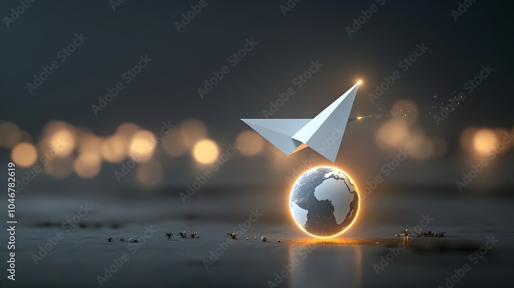 Aufkleber Digitally rendered paper airplane in flight over a glowing abstract representation of the Earth surrounded by a warm defocused bokeh effect  This image represents the concept of clean