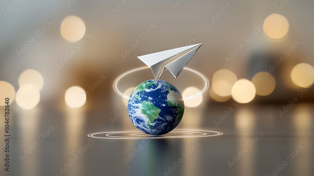 Poster close up view of a delicate paper airplane circling the earth symbolizing the concept of alternative