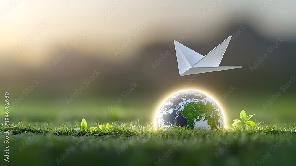 Aufkleber paper airplane representing clean energy flying around a glowing globe illuminated by a soft warm bo