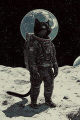 Black Cat on the Moon in Futuristic Spacesuit with Earth in View