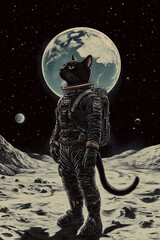 Black Cat on the Moon in Futuristic Spacesuit with Earth in View