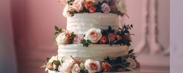 Elegant wedding cake with floral decorations, 4K hyperrealistic photo