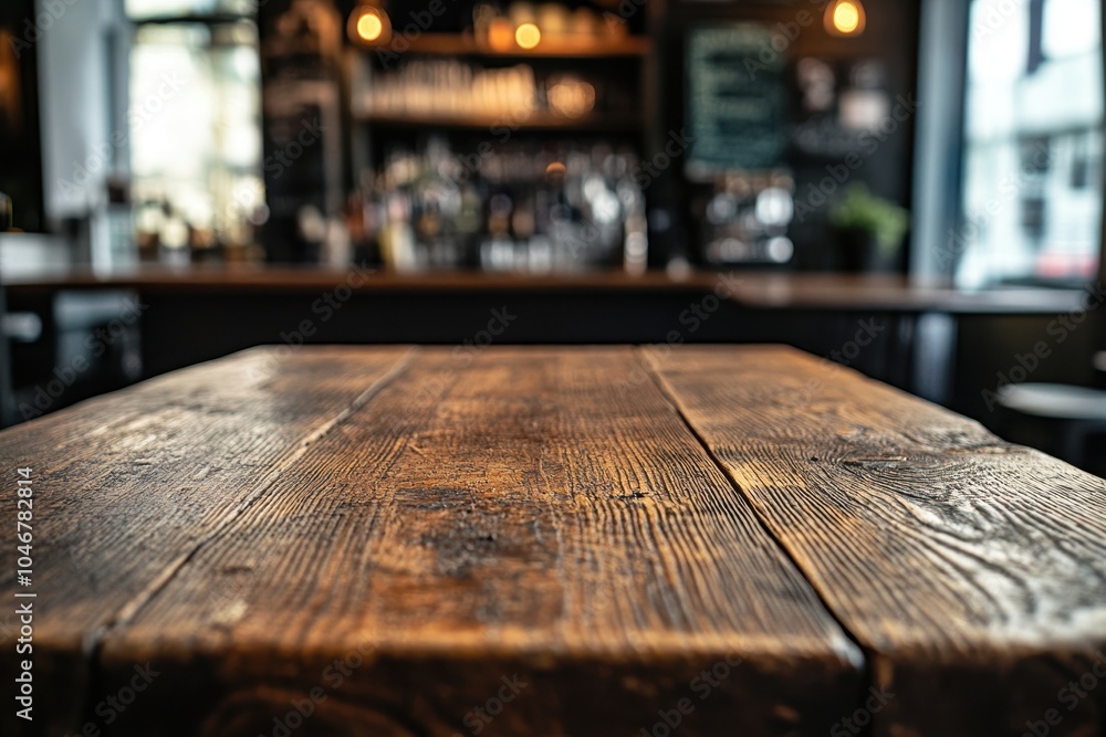 Poster close up of a rustic wooden table in a cafe with a blurred background.