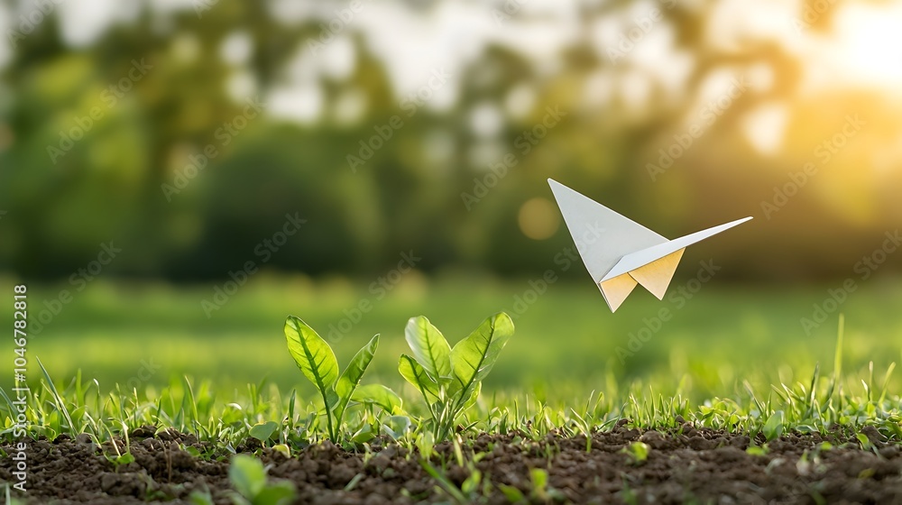 Poster Paper airplane flying gracefully around the world symbolizing the clean energy and environmental innovation that can propel us towards a sustainable future with a warm