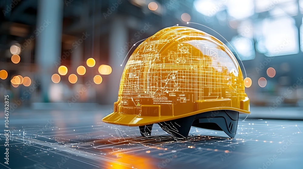 Poster close up of a construction engineer s helmet glowing under warm bokeh lighting representing the conc