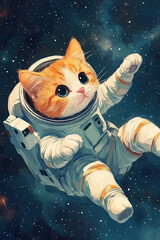 Cute Orange Cat Floating in Space with Shiny White Spacesuit