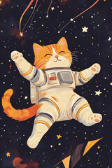Cute Orange Cat Floating in Space with Shiny White Spacesuit
