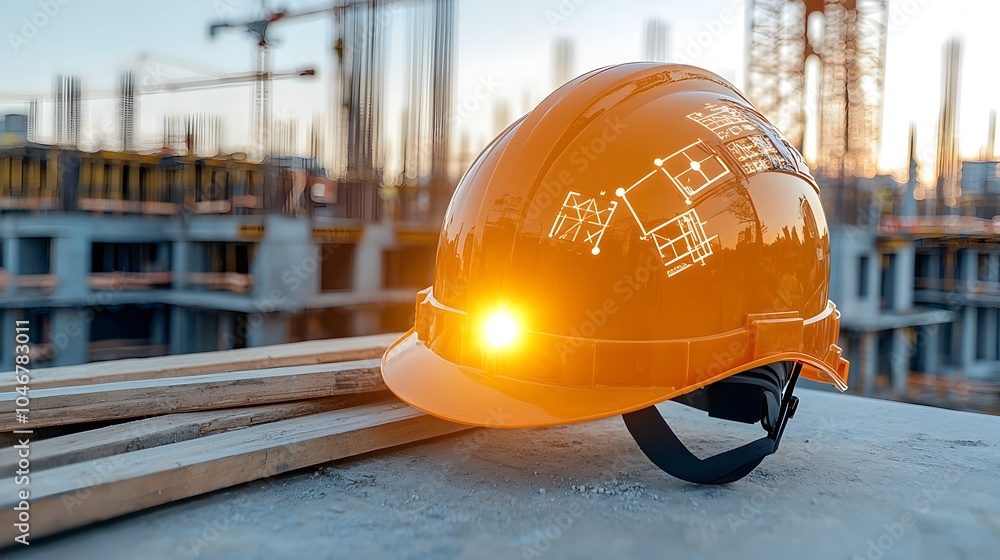 Poster close up of a construction engineer s helmet glowing under warm bokeh lighting symbolizing the advan