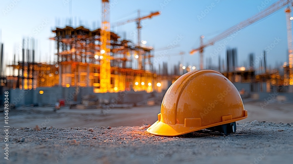 Poster close up view of an engineer s protective helmet placed before a construction site glowing with warm