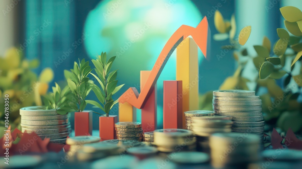 Poster red and yellow bar chart with a red arrow rising up, stacks of coins, and two small green plants rep