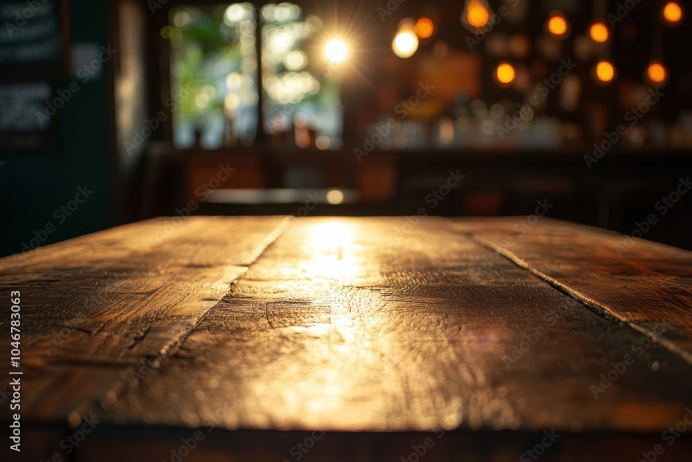 Poster close-up of a rustic wooden table in a dimly lit cafe with a blurred background of a bar and window.
