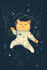 Cute Orange Cat Floating in Space with Shiny White Spacesuit