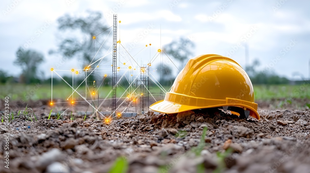 Poster engineer s hard hat resting on a clean energy project site glowing softly with warm bokeh lights sym