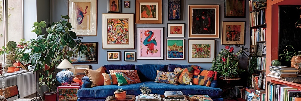 Aufkleber stunning eclectic gallery wall featuring an arrangement of diverse framed art pieces in a variety of