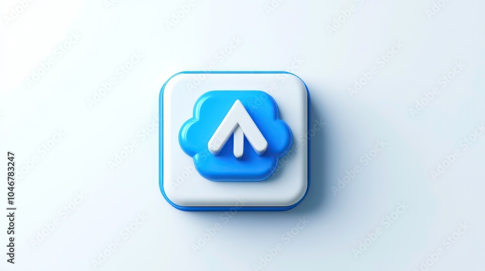 Poster 3d render of a blue and white cloud icon with an upward pointing arrow inside on a white background.