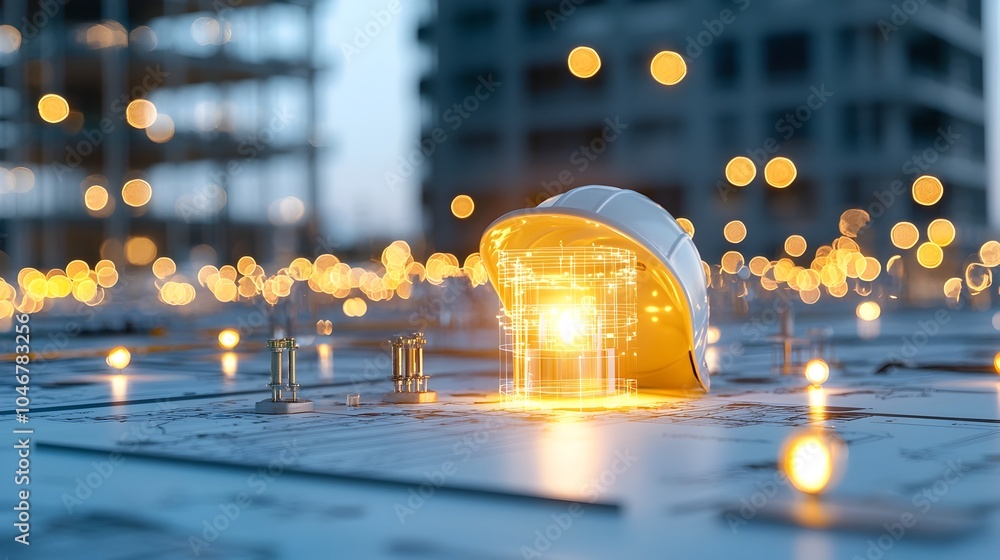 Poster close up of a glowing engineer s hat surrounded by warm blurred bokeh lights representing alternativ