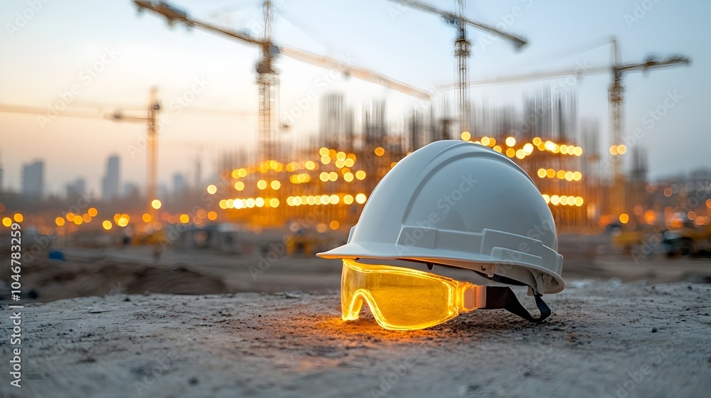 Poster sustainable engineering visuals close up of a hard hat placed before a construction site glowing wit