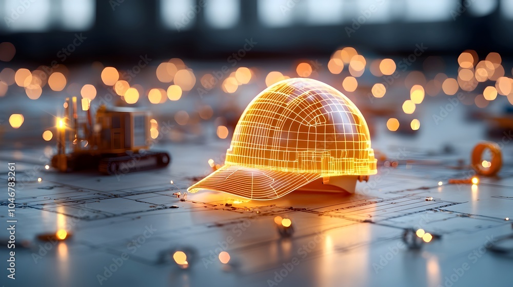 Aufkleber Close up view of a glowing engineer s hat surrounded by warm defocused bokeh lights representing concepts of alternative energy sources and clean construction projects