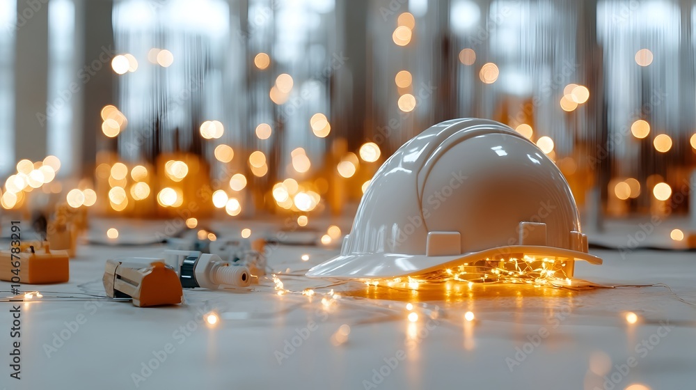 Aufkleber Close up view of a glowing engineer s hardhat surrounded by warm defocused bokeh lights representing alternative energy sources and sustainable construction projects