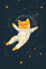 Cute Orange Cat Floating in Space with Shiny White Spacesuit