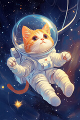 Cute Orange Cat Floating in Space with Shiny White Spacesuit