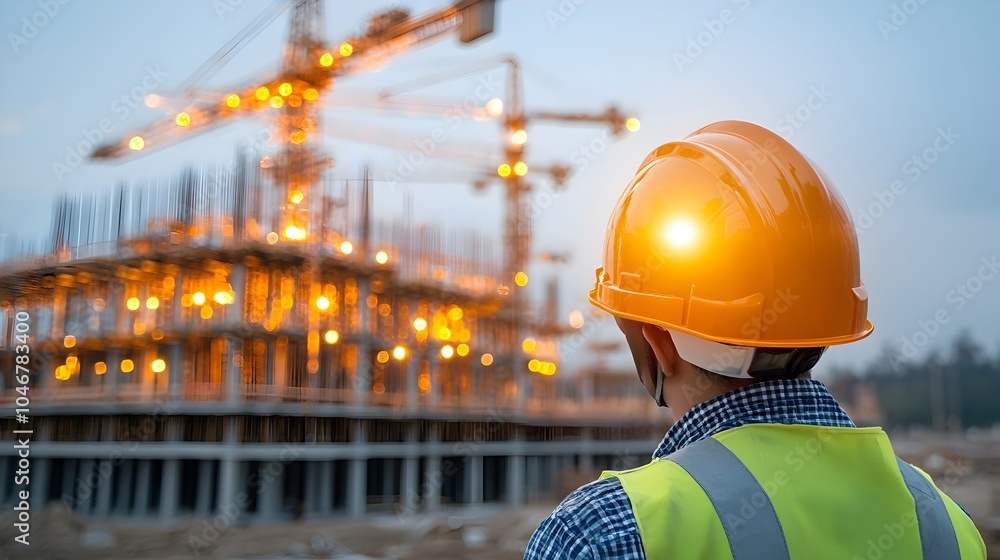 Aufkleber an engineer s hard hat in focus against a warm glowing bokeh background symbolizing the concept of c