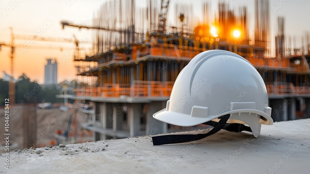Aufkleber Engineer s helmet in focus before a construction project glowing with a warm and radiant bokeh effect that symbolizes clean and alternative energy solutions for a sustainable future