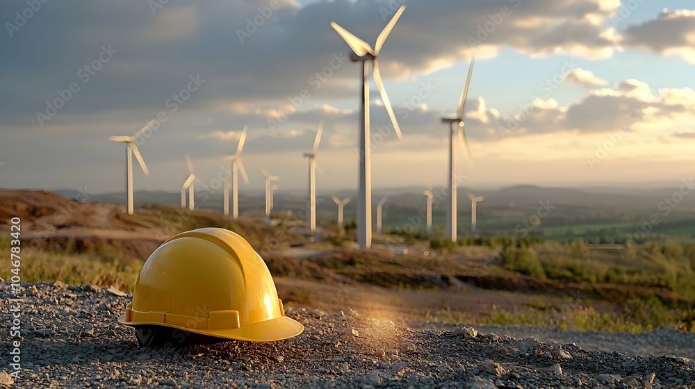 Poster Engineer s hard hat placed on a clean energy site glowing softly with warm bokeh light  This image symbolizes innovative and sustainable projects in the engineering and infrastructure industry