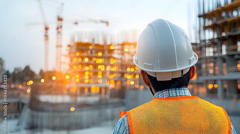 Leinwandbilder Engineer s Helmet in Focus Before a Construction Project Glowing with a Warm Bokeh Glow Representing Clean and Innovative Energy Solutions for a Sustainable Future
