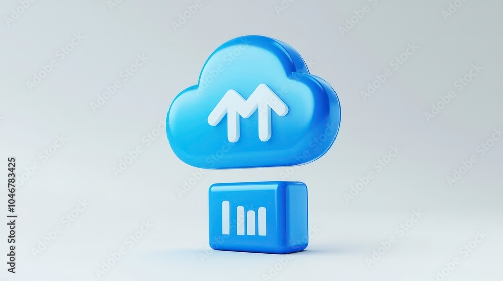Poster a 3d rendering of a blue cloud with two white arrows pointing upwards on top of a blue bar chart.