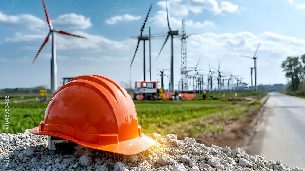 Aufkleber engineer s hard hat placed on a clean energy site glowing softly with warm bokeh light symbolizing i