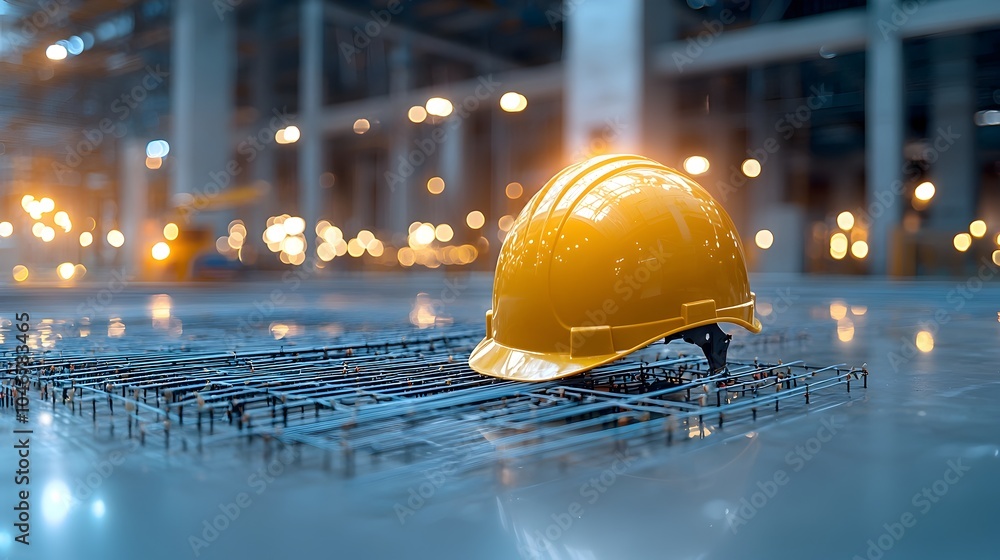 Fototapete Construction engineer s protective helmet illuminated by a warm glowing bokeh effect symbolizing alternative energy solutions and innovations in green building design and engineering