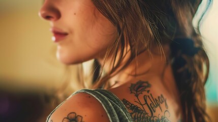 Close-up of a young woman's shoulder with a tattoo of flowers and the word "Gypsy".