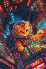 Mischievous Tabby Cat in a Glowing Spaceship Cockpit with Space Helmet