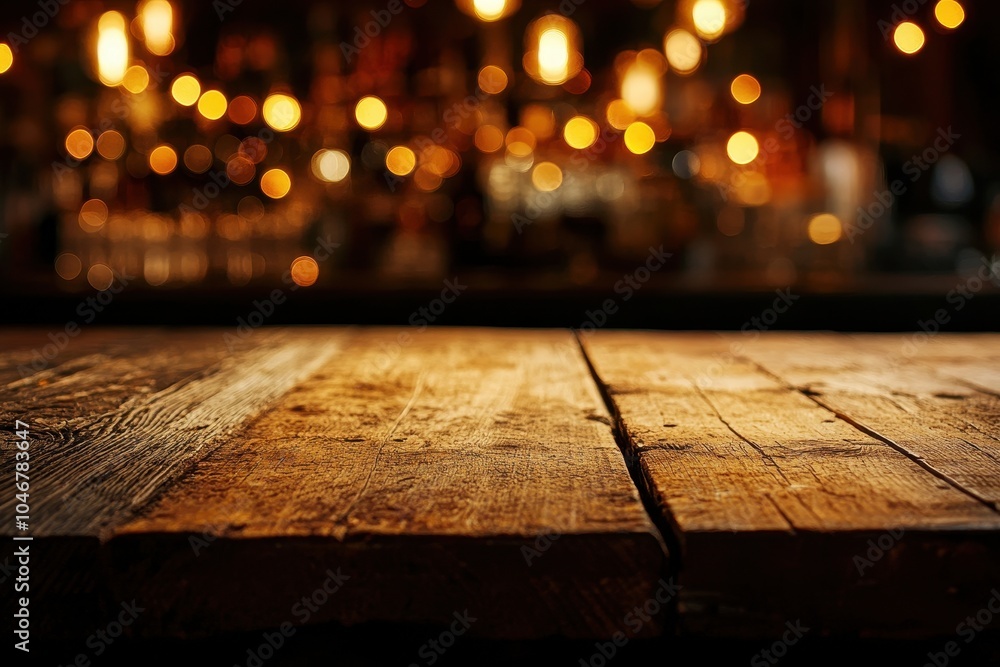 Poster rustic wooden table top in front of a blurred bar backdrop with warm, inviting lighting.