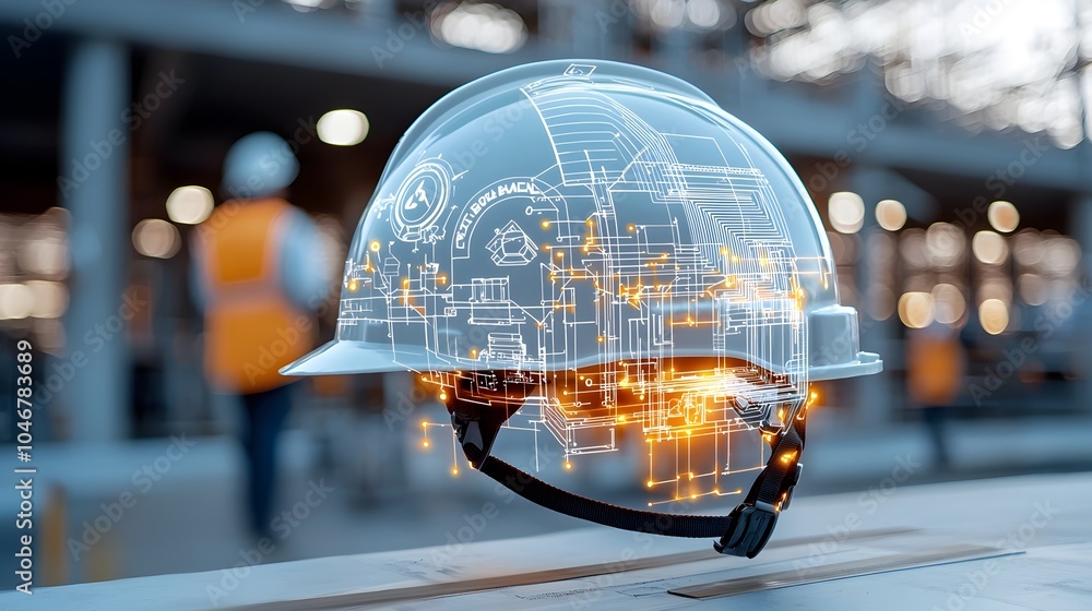 Aufkleber illuminated construction engineer s helmet against a warm bokeh filled background