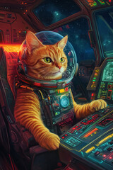 Mischievous Tabby Cat in a Glowing Spaceship Cockpit with Space Helmet