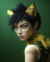 Portrait of a Fitness Woman with Leopard's Face and Green Eyes