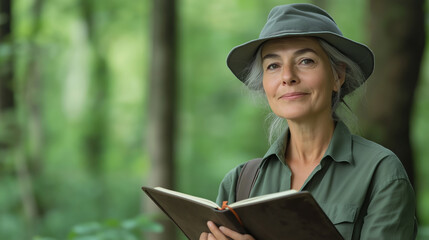 Female biologist smiling while collecting data in an open notebook