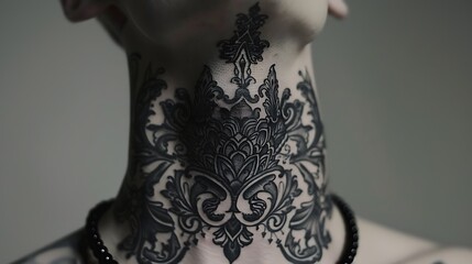 Obraz premium Close-up of a woman's neck with a black tattoo of a floral design. The tattoo is intricate and detailed, and it covers the entire front of her neck.