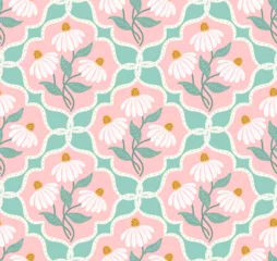 coneflower granny cottage core grandmillennial chic flowers in ogees seamless pattern in soft pastel baby blue peachy pink color palette © VecTerrain