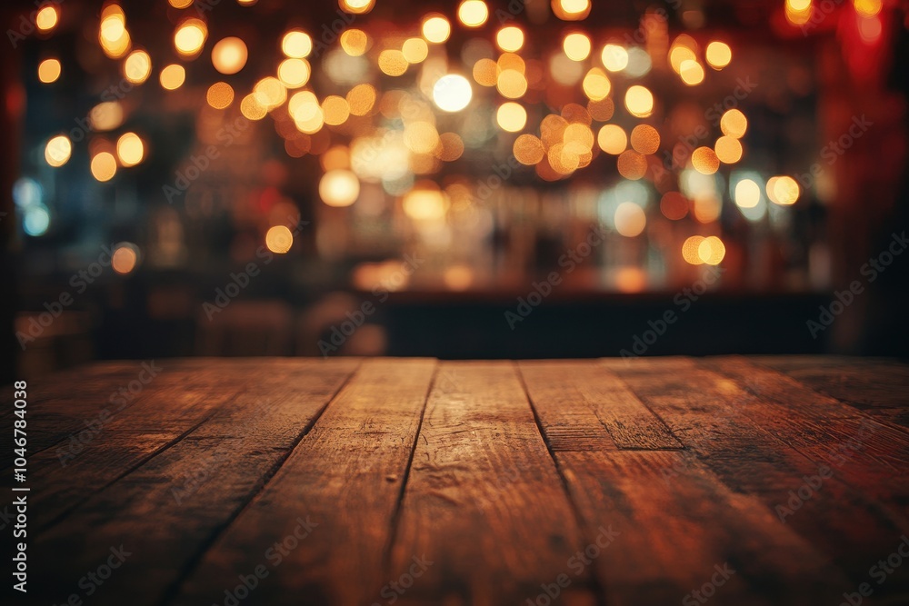 Poster closeup of a rustic wooden table top with a blurry background of a bar with warm string lights.