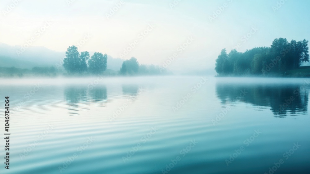 Poster the peaceful lake shrouded in mist showcases the serene landscape with gentle ripples, inviting a mo