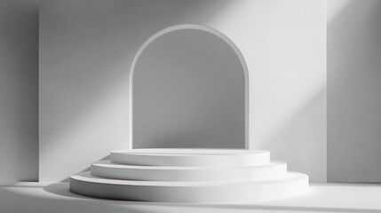 Obraz premium A minimalist white podium with an arched doorway in the background. Sunlight shines through the opening, creating a soft glow on the platform.